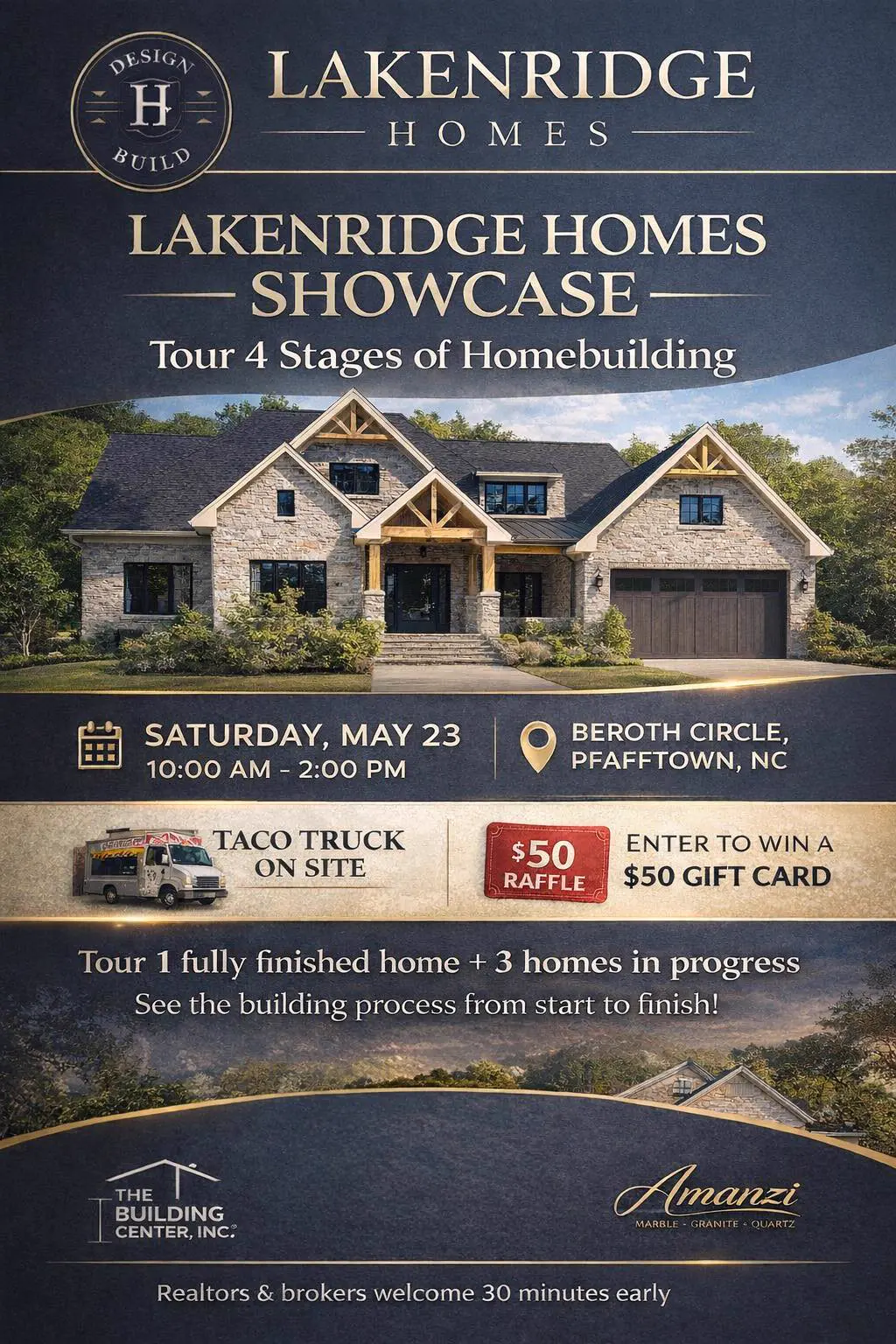 Lakenridge Homes open house event on May 23 in Pfafftown, NC featuring four homes at different construction stages on Beroth Circle from 10 AM to 2 PM with food truck and raffle giveaway.